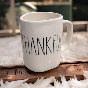 NEW RAE DUNN Large THANKFUL Mug Ceramic Harvest Fall White Black Gratitude